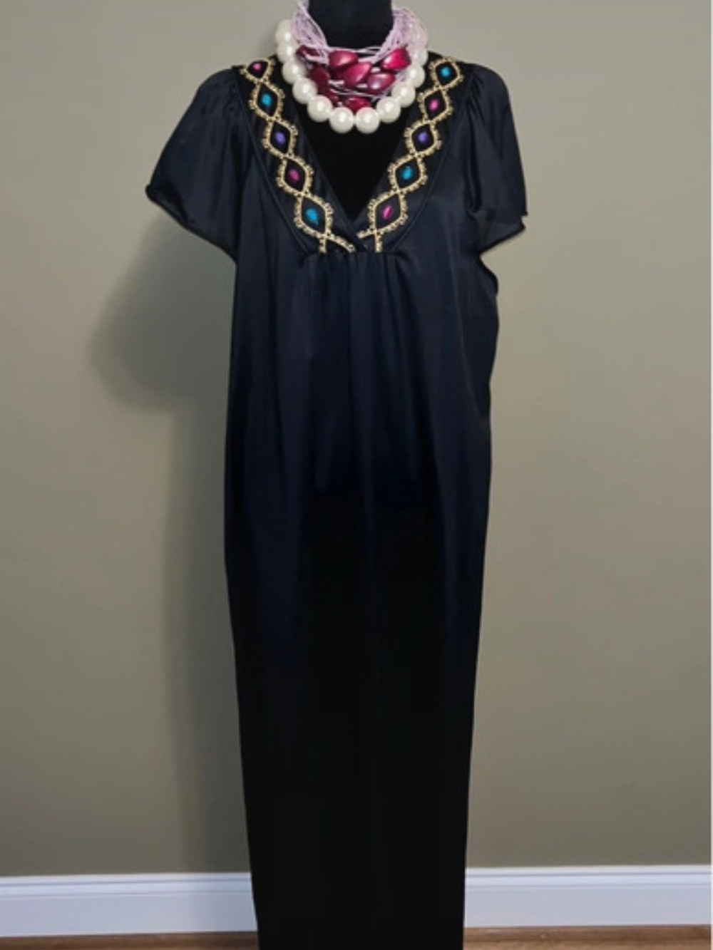 vassarette Black Beaded V-Neck Maxi Nightgown